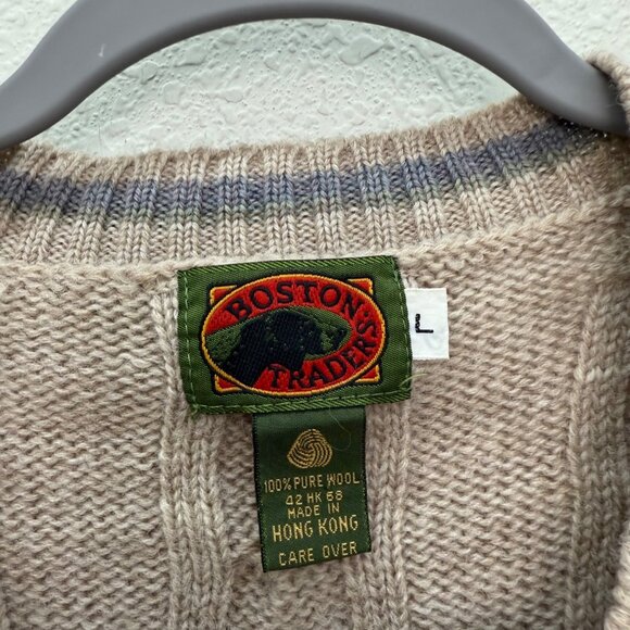 VTG Boston Traders 100% Wool Cable Knit Grandpa Vneck Sweater Vest Mens sz Large - Picture 2 of 7